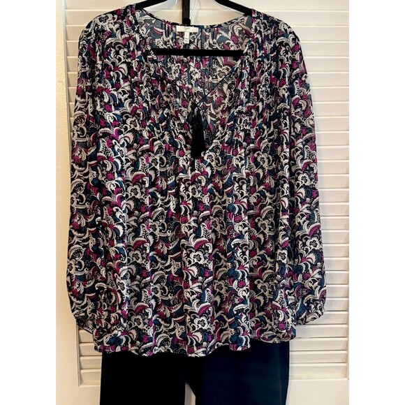 JOIE 100% Silk Paisley Bishop Sleeve Blouse Pleated Tasseled Boho Cottage Size L - Picture 1 of 12